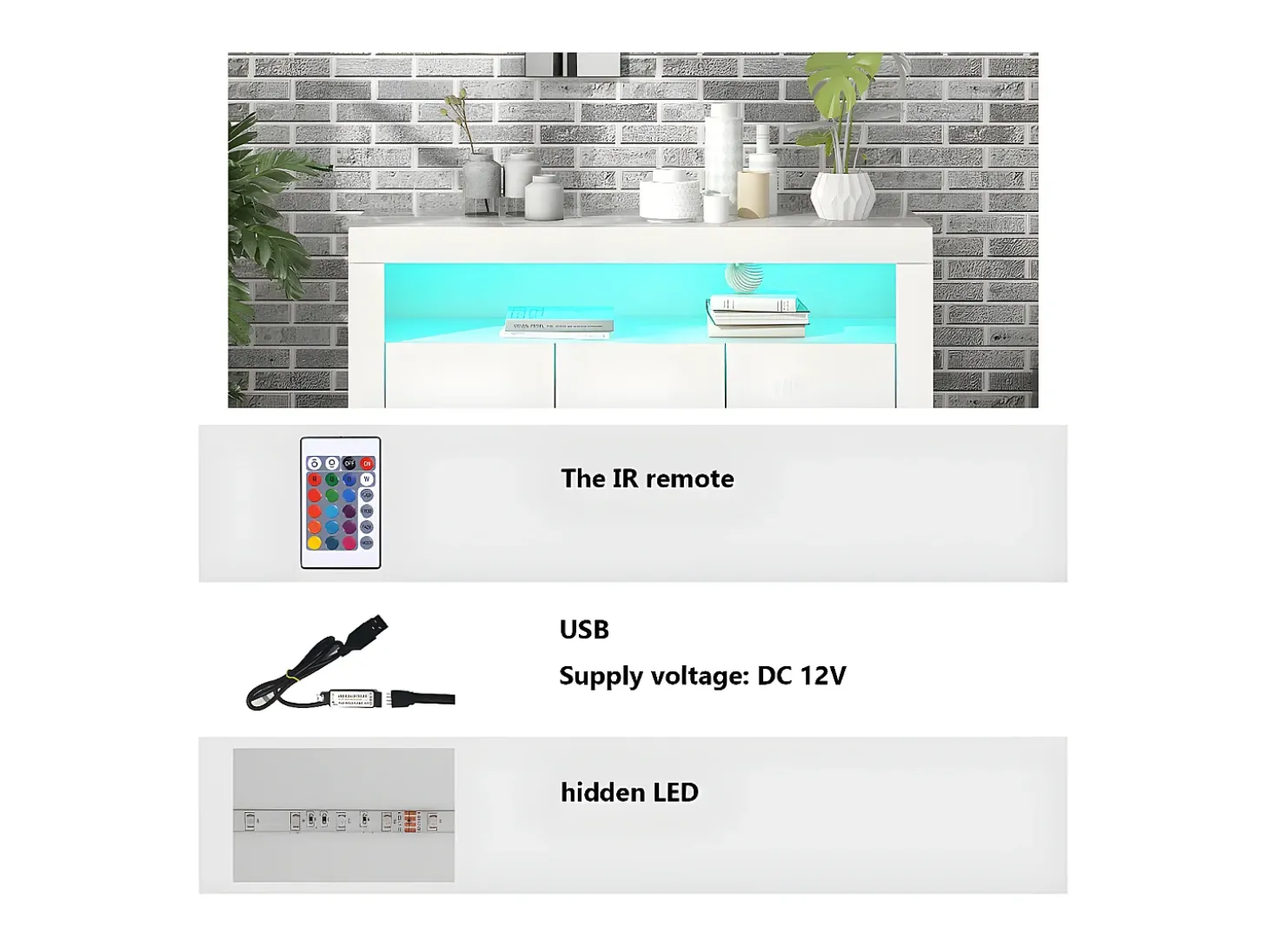 Aparador bajo Moserne - Mueble auxiliar blanco brillo con iluminación LED y mando a distancia - Blanco