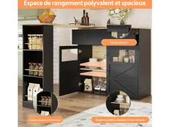 Aparador bar - mueble de almacenaje extensible con cajones y rotación de 360°, Negro, 138-204x39x104 cm