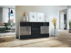 Aparador Bari V1 – Mueble con 2 Puertas Grandes y 4 Cajones, Roble Evoke/negro de alto brillo (138,5 x 75,5 x 35)