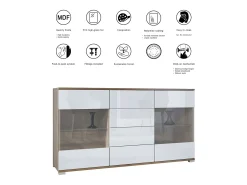 Aparador Bari V1 – Mueble con 2 Puertas Grandes y 4 Cajones, Roble Evoke/negro de alto brillo (138,5 x 75,5 x 35)