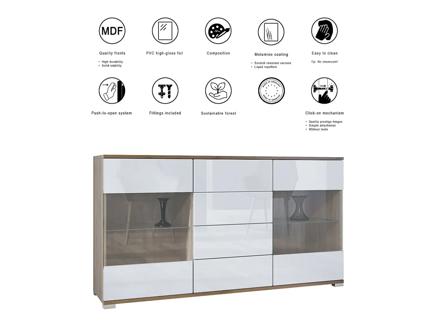 Aparador Bari V1 – Mueble con 2 Puertas Grandes y 4 Cajones, Roble Evoke/negro de alto brillo (138,5 x 75,5 x 35)