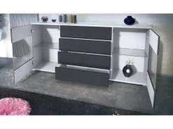 Aparador Bari V2 – Mueble con 2 Puertas Grandes y 4 Cajones, blanco mate/crema de alto brillo (166,5 x 75,5 x 35)