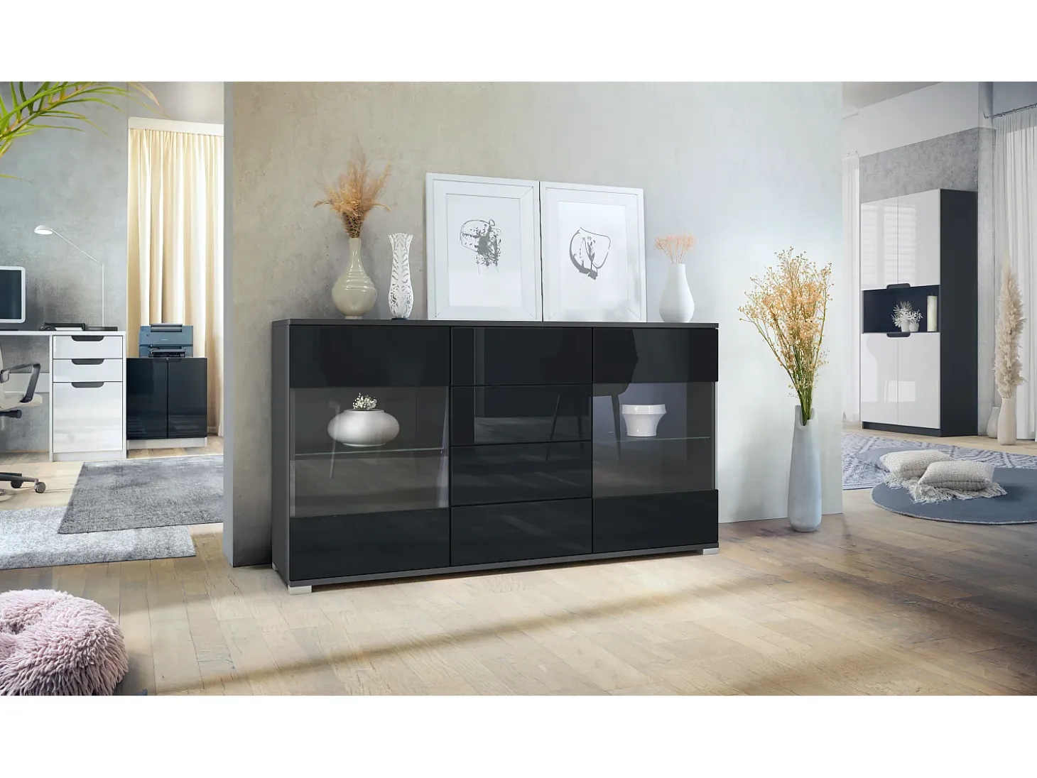 Aparador Bari V1 – Mueble con 2 Puertas Grandes y 4 Cajones, antracita mate/negro de alto brillo (138,5 x 75,5 x 35)