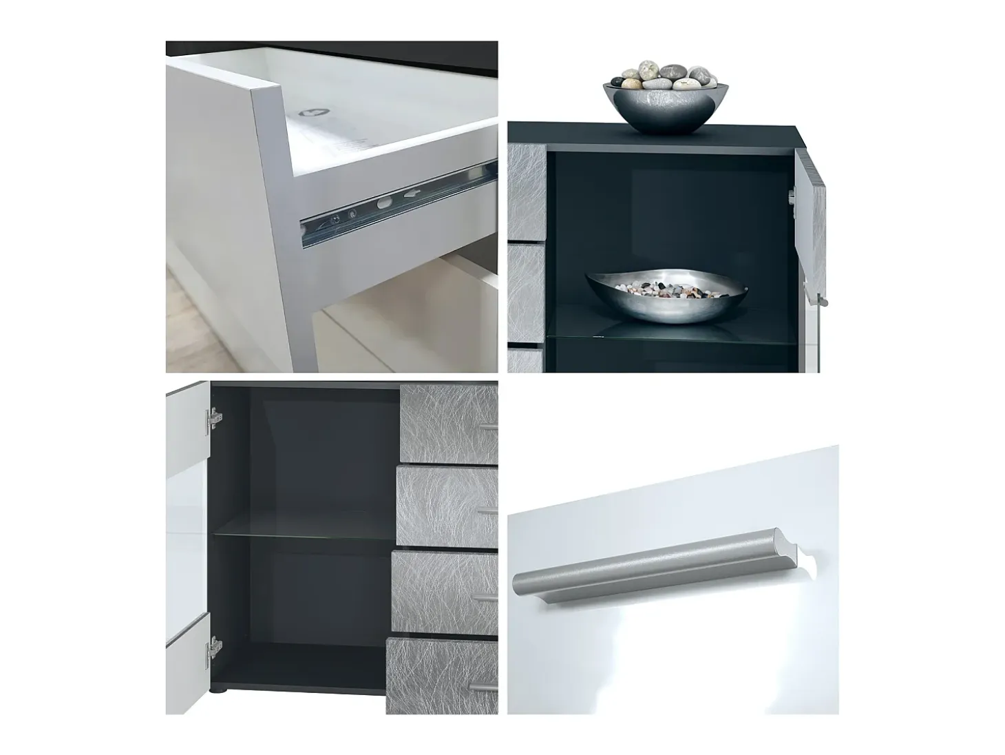 Aparador Bari V1 – Mueble con 2 Puertas Grandes y 4 Cajones, antracita mate/crema de alto brillo (138,5 x 75,5 x 35)