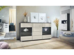 Aparador Bari V1 – Mueble con 2 Puertas Grandes y 4 Cajones, antracita mate/crema de alto brillo (138,5 x 75,5 x 35)