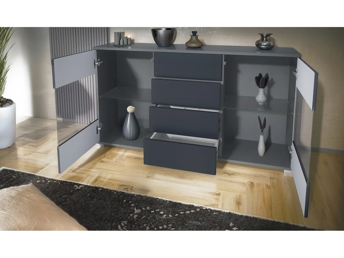 Aparador Bari V1 – Mueble con 2 Puertas Grandes y 4 Cajones, antracita mate/crema de alto brillo (138,5 x 75,5 x 35)