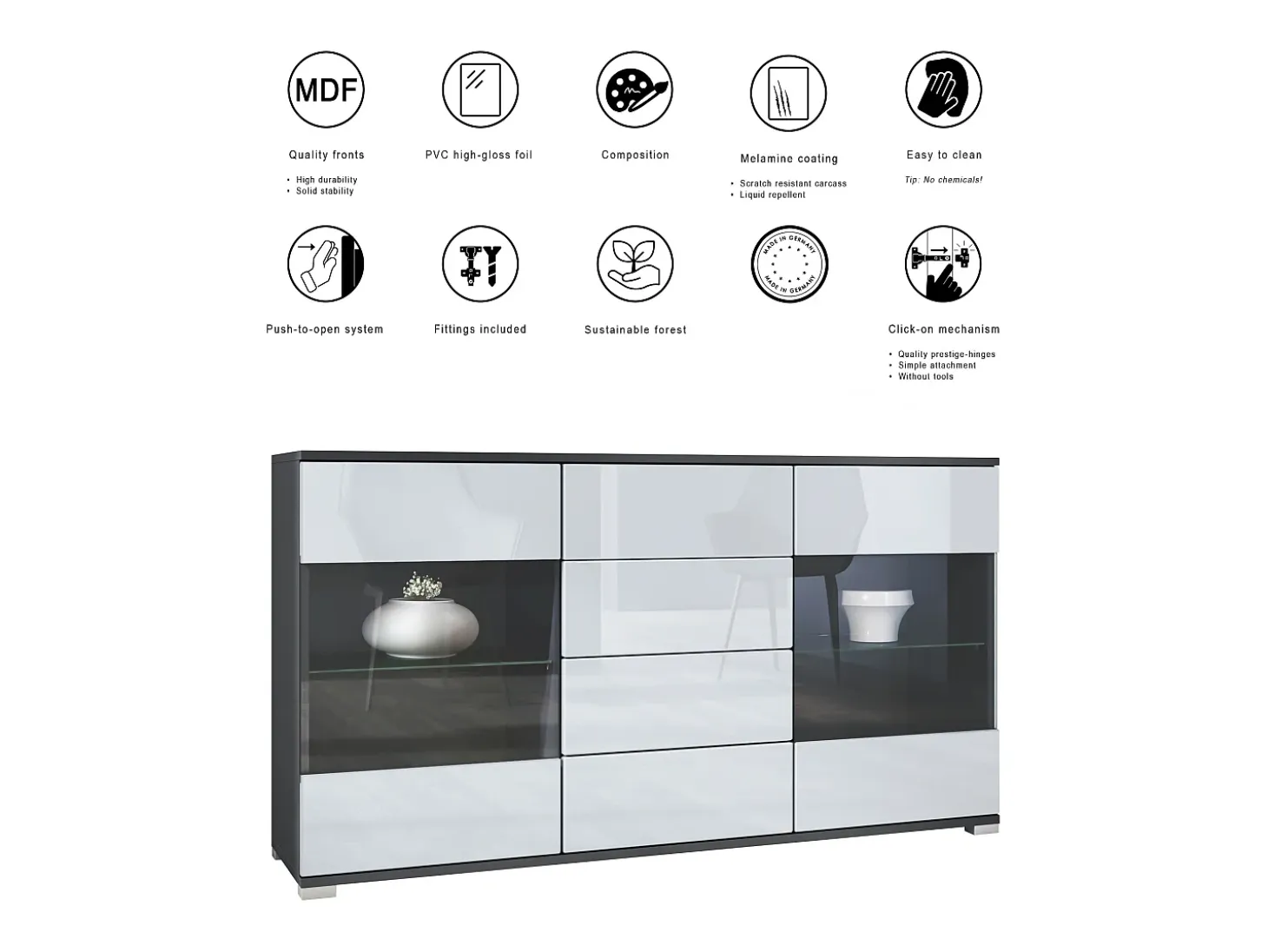 Aparador Bari V1 – Mueble con 2 Puertas Grandes y 4 Cajones, antracita mate/crema de alto brillo (138,5 x 75,5 x 35)