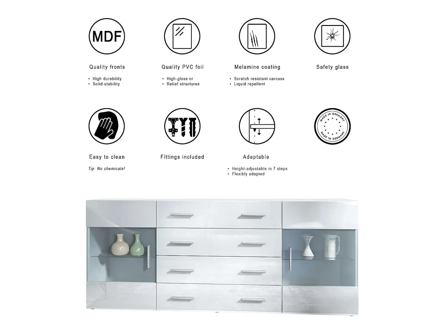 Aparador Bari V2 – Mueble con 2 Puertas Grandes y 4 Cajones, blanco mate/gris arena de alto brillo (166,5 x 75,5 x 35)