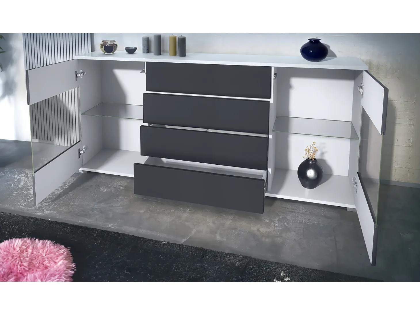 Aparador Bari V2 – Mueble con 2 Puertas Grandes y 4 Cajones, blanco mate/gris arena de alto brillo (166,5 x 75,5 x 35)