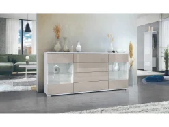 Aparador Bari V2 – Mueble con 2 Puertas Grandes y 4 Cajones, blanco mate/gris arena de alto brillo (166,5 x 75,5 x 35)