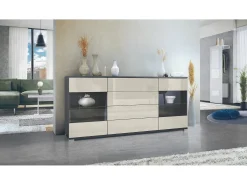 Aparador Bari V2 – Mueble con 2 Puertas Grandes y 4 Cajones, antracita mate/crema de alto brillo (166,5 x 75,5 x 35)