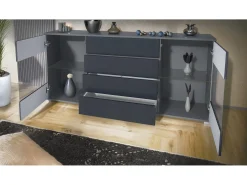 Aparador Bari V2 – Mueble con 2 Puertas Grandes y 4 Cajones, antracita mate/blanco de alto brillo (166,5 x 75,5 x 35)