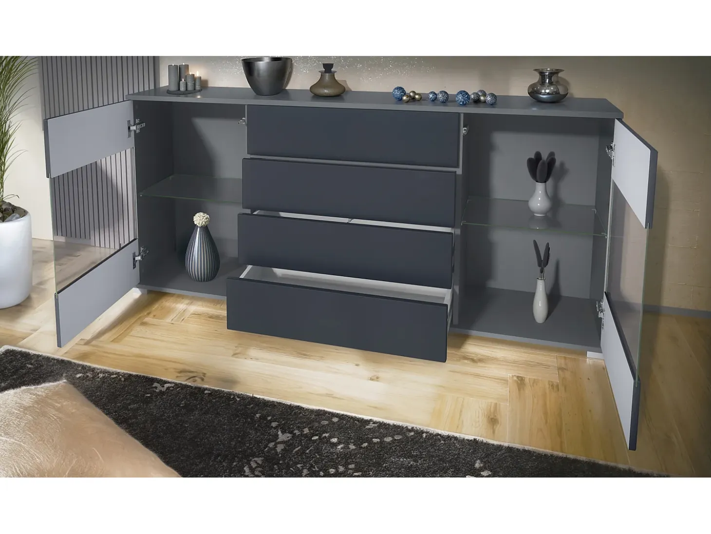 Aparador Bari V2 – Mueble con 2 Puertas Grandes y 4 Cajones, antracita mate/gris arena de alto brillo (166,5 x 75,5 x 35)