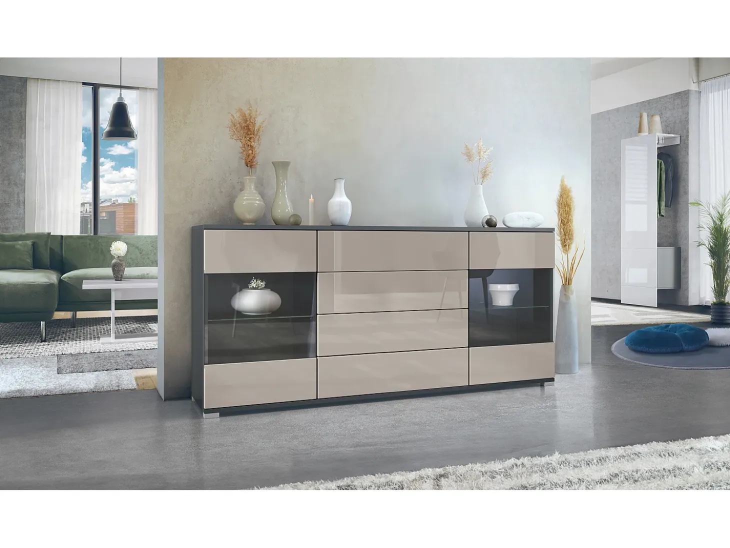 Aparador Bari V2 – Mueble con 2 Puertas Grandes y 4 Cajones, antracita mate/gris arena de alto brillo (166,5 x 75,5 x 35)
