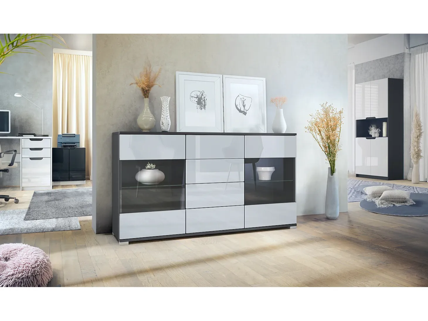 Aparador Bari V1 – Mueble con 2 Puertas Grandes y 4 Cajones, antracita mate/blanco de alto brillo (138,5 x 75,5 x 35)