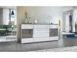 Aparador Bari V2 – Mueble con 2 Puertas Grandes y 4 Cajones, Roble Evoke/blanco de alto brillo (166,5 x 75,5 x 35)