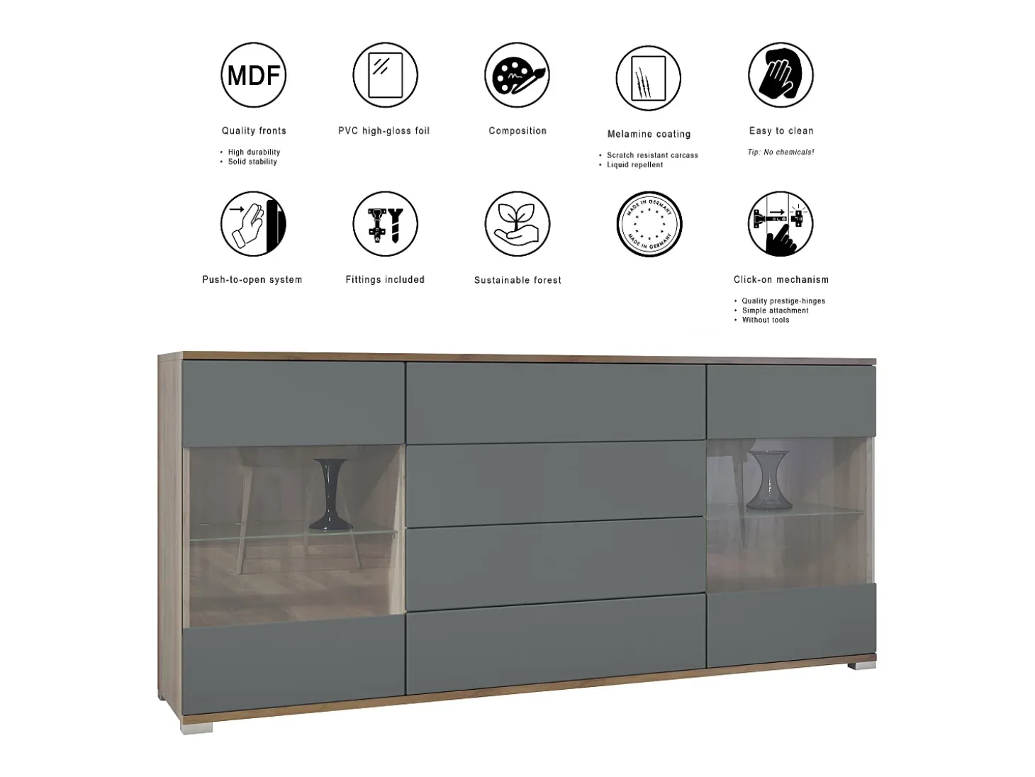 Aparador Bari V2 – Mueble con 2 Puertas Grandes y 4 Cajones, Roble Evoke/gris arena de alto brillo (166,5 x 75,5 x 35)