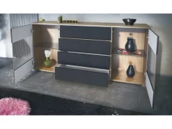 Aparador Bari V2 – Mueble con 2 Puertas Grandes y 4 Cajones, Roble Evoke/gris arena de alto brillo (166,5 x 75,5 x 35)