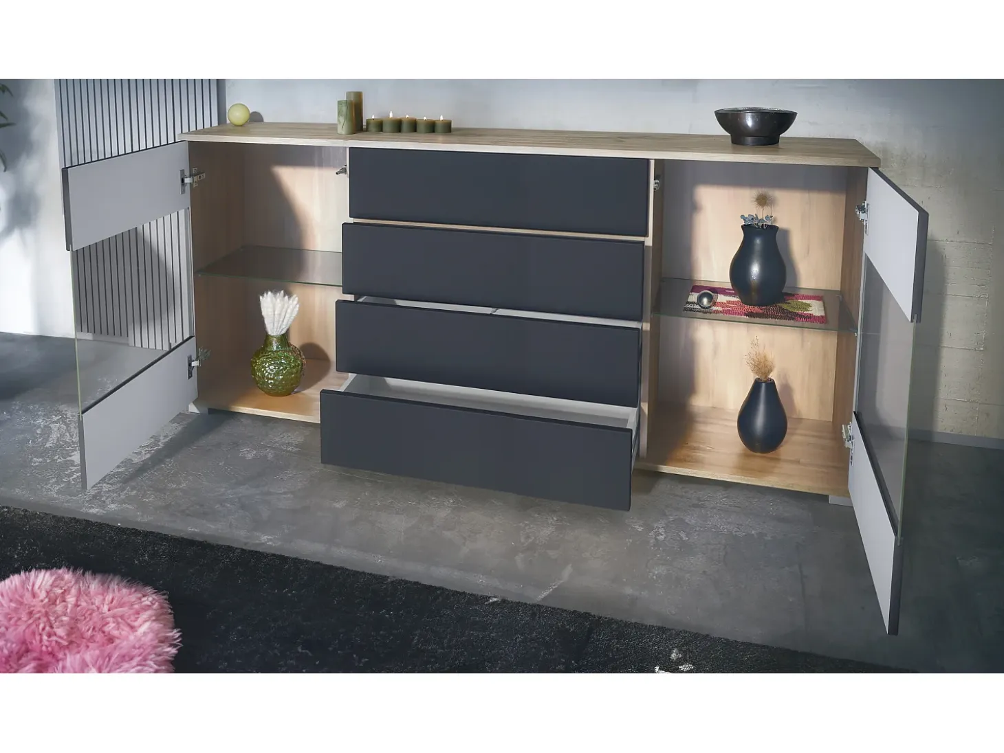 Aparador Bari V2 – Mueble con 2 Puertas Grandes y 4 Cajones, Roble Evoke/gris arena de alto brillo (166,5 x 75,5 x 35)