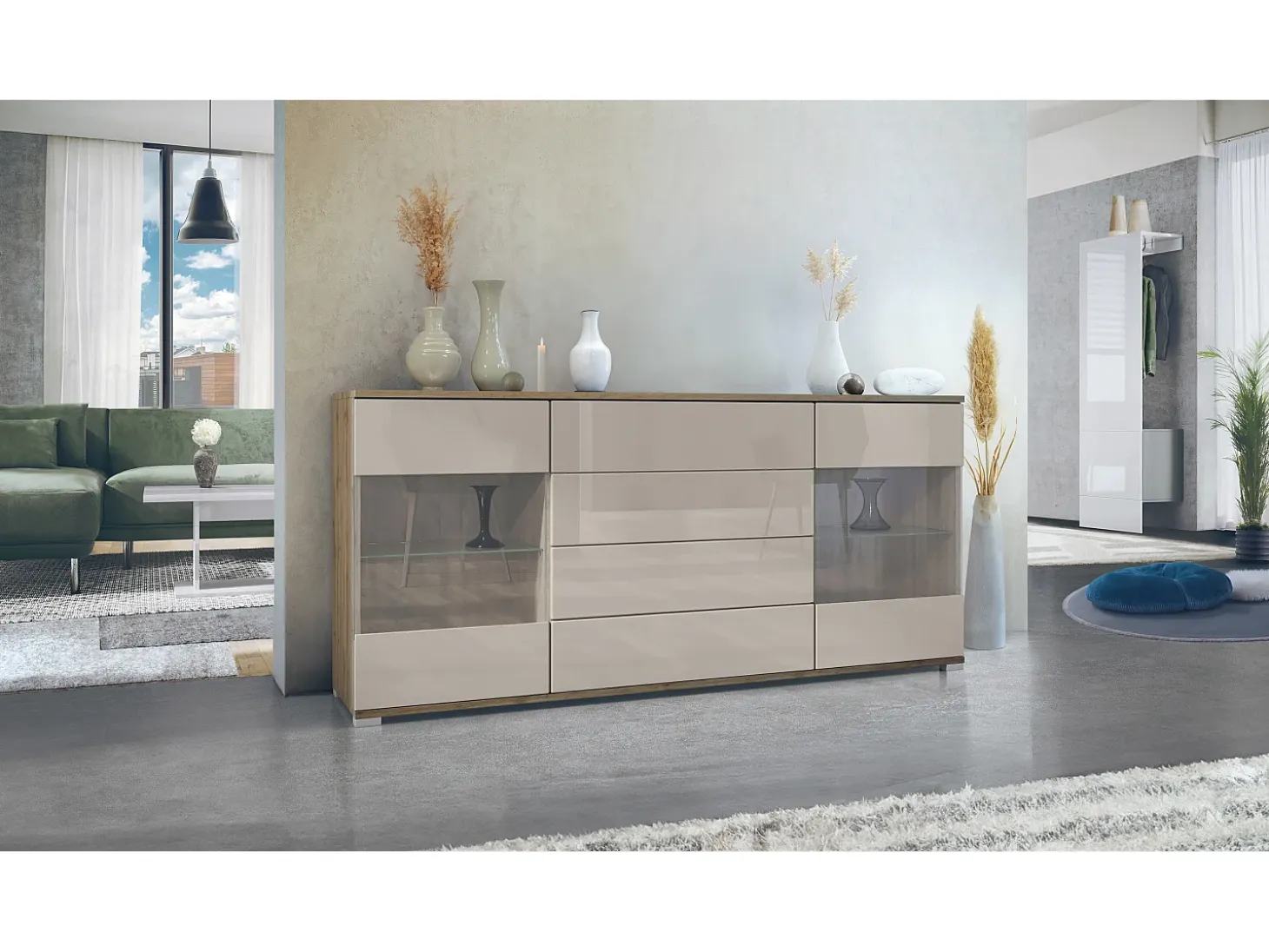 Aparador Bari V2 – Mueble con 2 Puertas Grandes y 4 Cajones, Roble Evoke/gris arena de alto brillo (166,5 x 75,5 x 35)
