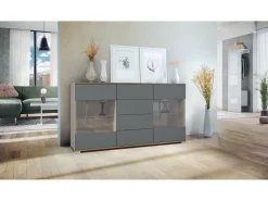 Aparador Bari V1 – Mueble con 2 Puertas Grandes y 4 Cajones, Roble Evoke/grafito satinado (138,5 x 75,5 x 35)