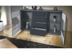 Aparador Bari V1 – Mueble con 2 Puertas Grandes y 4 Cajones, antracita mate/burdeos de alto brillo (138,5 x 75,5 x 35)