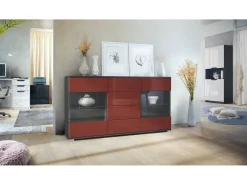 Aparador Bari V1 – Mueble con 2 Puertas Grandes y 4 Cajones, antracita mate/burdeos de alto brillo (138,5 x 75,5 x 35)