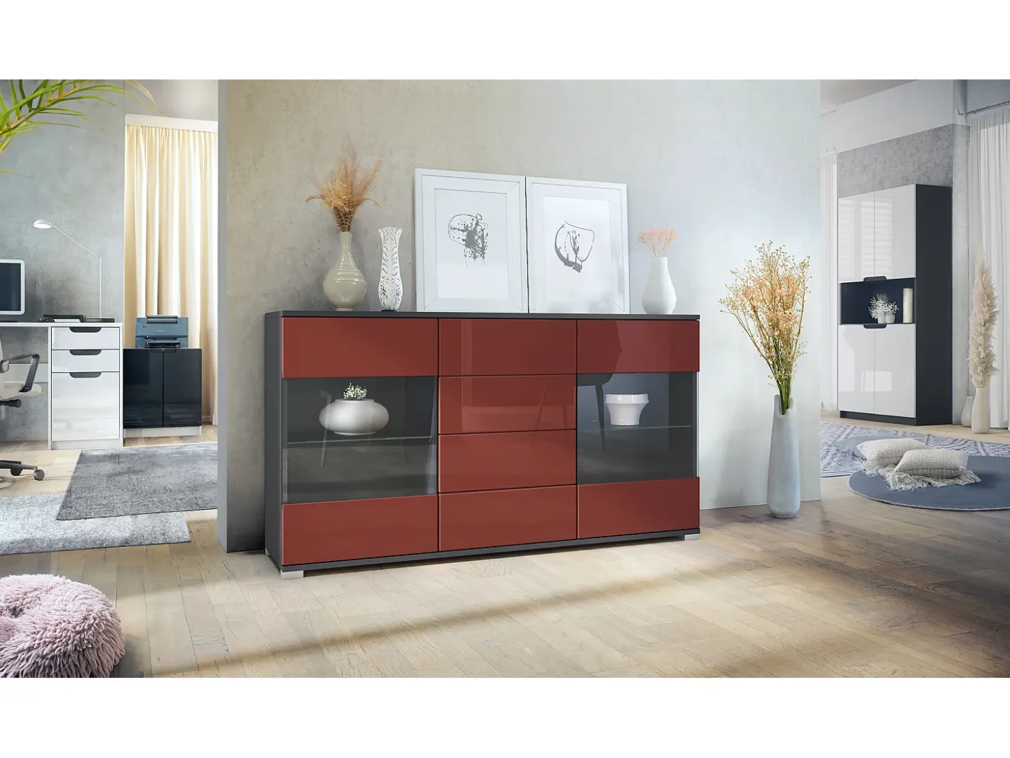 Aparador Bari V1 – Mueble con 2 Puertas Grandes y 4 Cajones, antracita mate/burdeos de alto brillo (138,5 x 75,5 x 35)