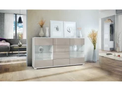 Aparador Bari V1 – Mueble con 2 Puertas Grandes y 4 Cajones, blanco mate/gris arena de alto brillo (138,5 x 75,5 x 35)