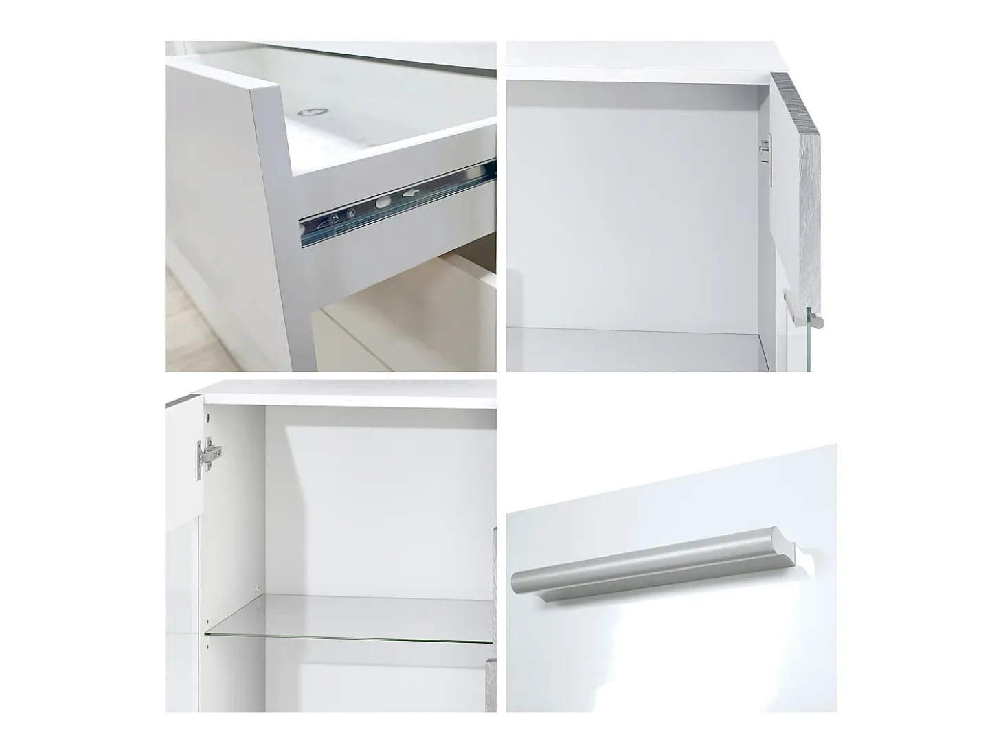 Aparador Bari V1 – Mueble con 2 Puertas Grandes y 4 Cajones, blanco mate/gris arena de alto brillo (138,5 x 75,5 x 35)