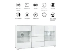 Aparador Bari V1 – Mueble con 2 Puertas Grandes y 4 Cajones, blanco mate/gris arena de alto brillo (138,5 x 75,5 x 35)