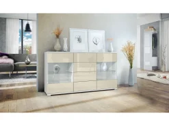 Aparador Bari V1 – Mueble con 2 Puertas Grandes y 4 Cajones, blanco mate/crema de alto brillo (138,5 x 75,5 x 35)