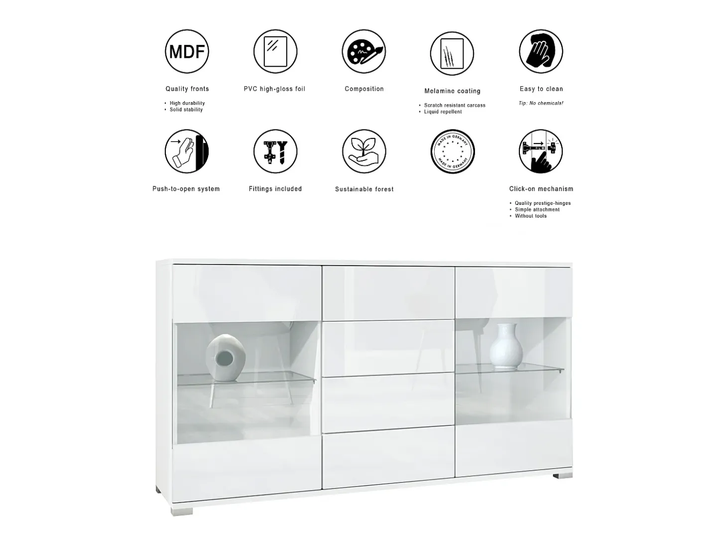 Aparador Bari V1 – Mueble con 2 Puertas Grandes y 4 Cajones, blanco mate/crema de alto brillo (138,5 x 75,5 x 35)