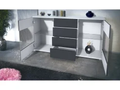 Aparador Bari V1 – Mueble con 2 Puertas Grandes y 4 Cajones, blanco mate/crema de alto brillo (138,5 x 75,5 x 35)