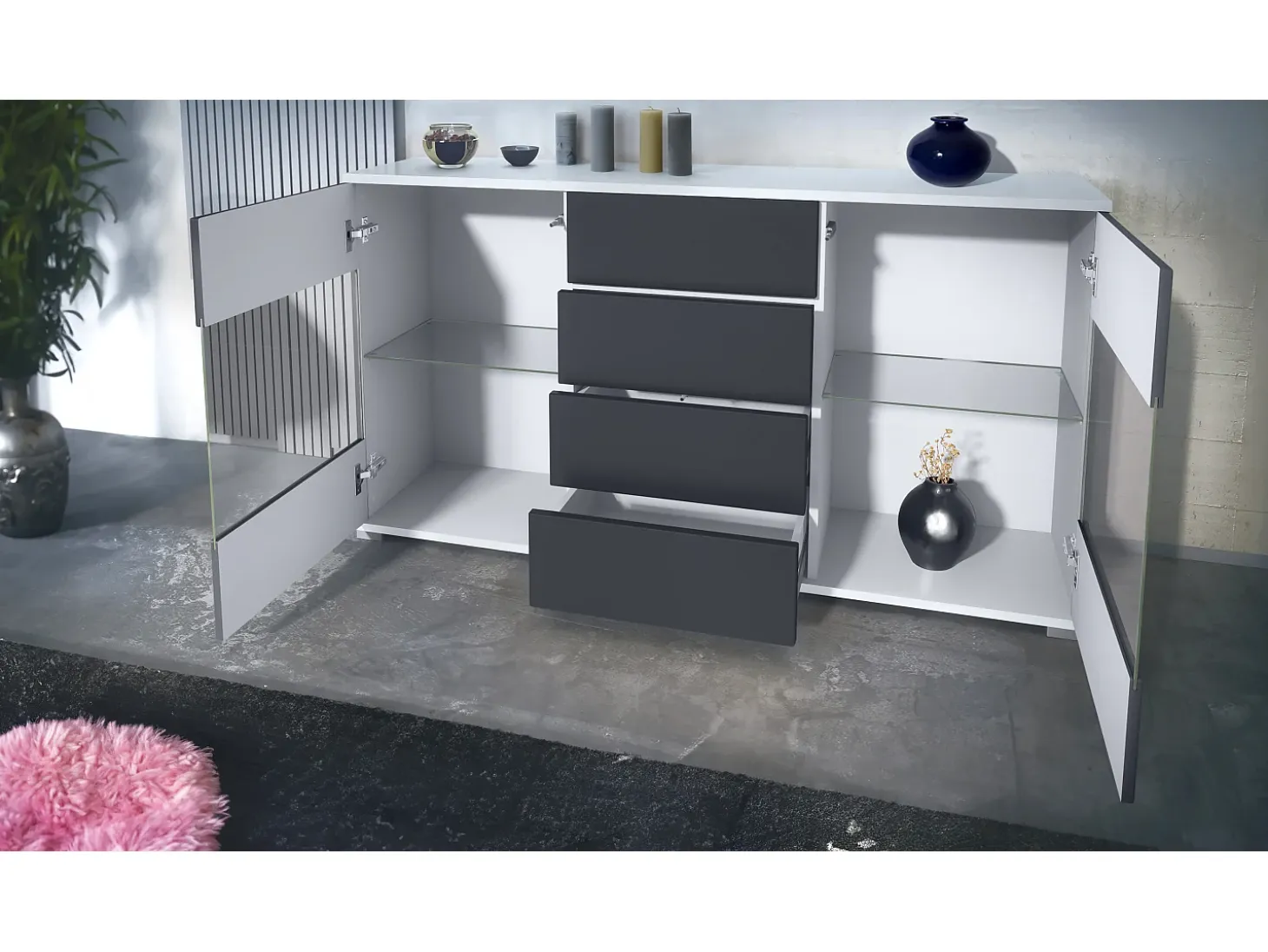Aparador Bari V1 – Mueble con 2 Puertas Grandes y 4 Cajones, blanco mate/crema de alto brillo (138,5 x 75,5 x 35)