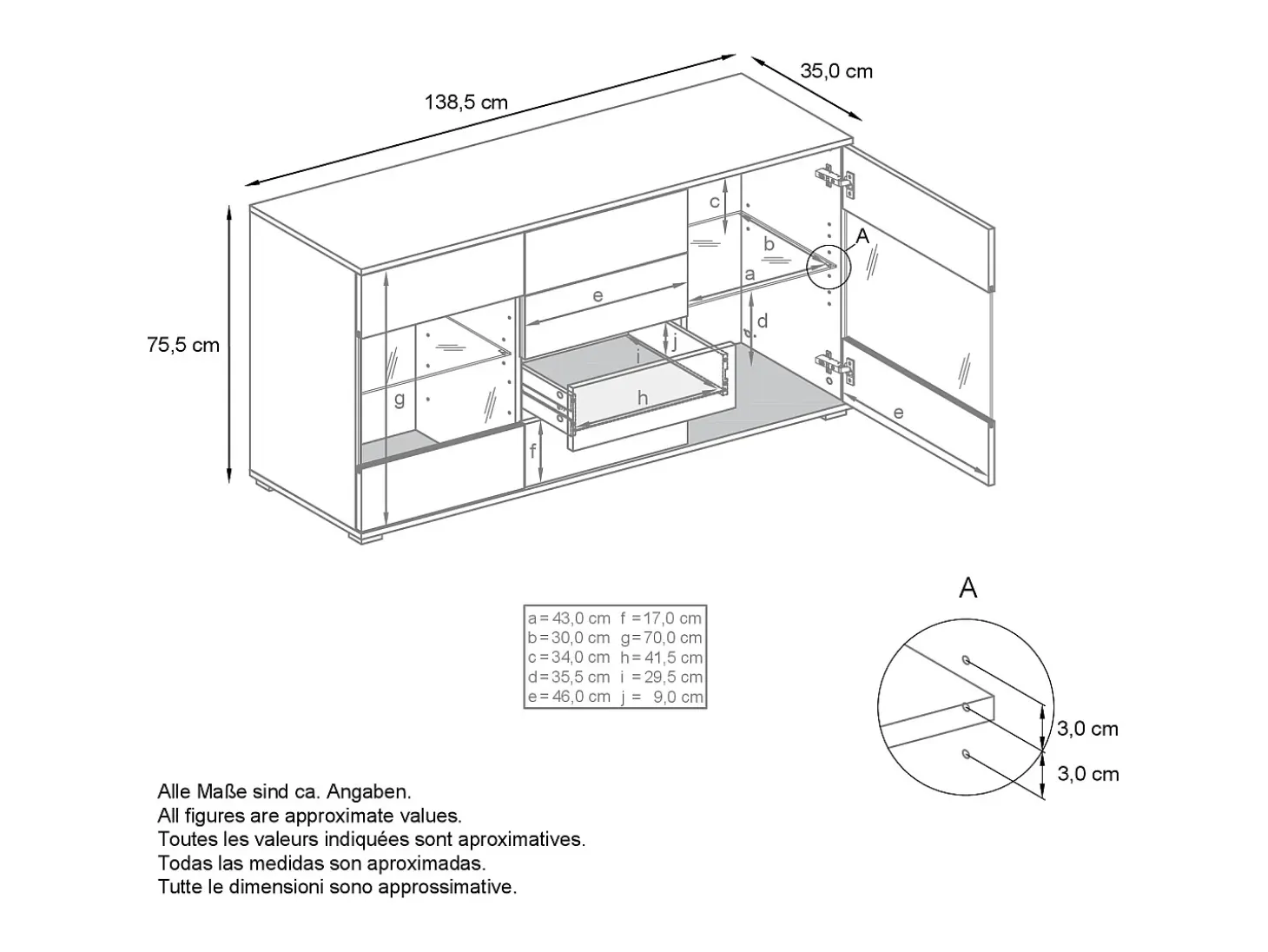 Aparador Bari V1 – Mueble con 2 Puertas Grandes y 4 Cajones, blanco mate/crema de alto brillo (138,5 x 75,5 x 35)