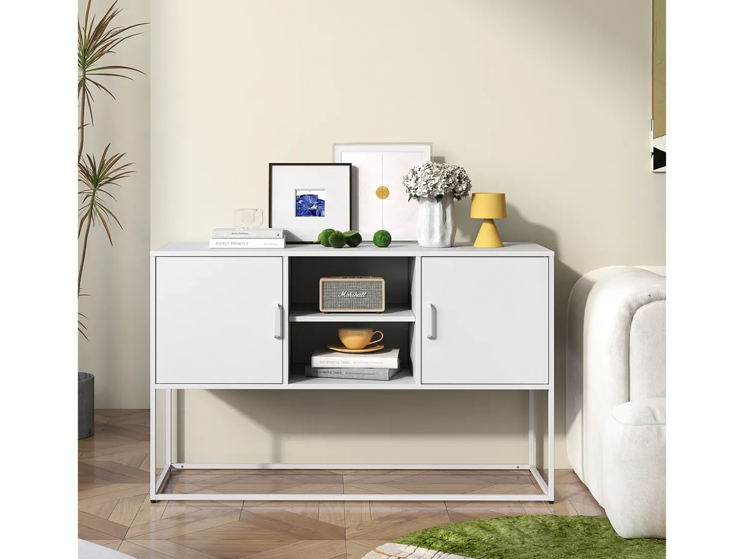 Aparador blanco - Aparador con 2 puertas y espacio de almacenaje abierto - para comedor y sala de estar