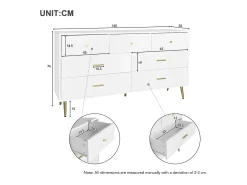 Aparador blanco, 7 cajones, tiradores y patas doradas, 140 x 35 x 76 cm, para cocina y comedor