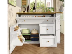 Aparador blanco, aparador de cocina con encimera giratoria, 2 puertas y 2 cajones - tiradores dorados