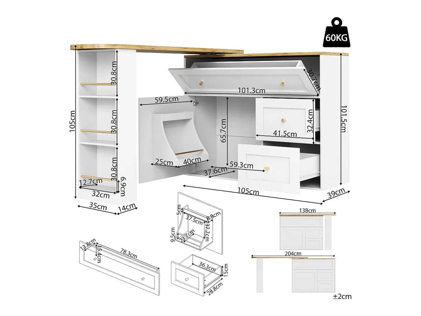 Aparador blanco, aparador de cocina con encimera giratoria, 2 puertas y 2 cajones - tiradores dorados