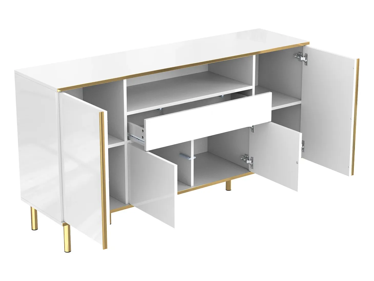 Aparador blanco, Aparador de alto brillo con 4 puertas y 1 cajón, iluminación LED, para salón y comedor