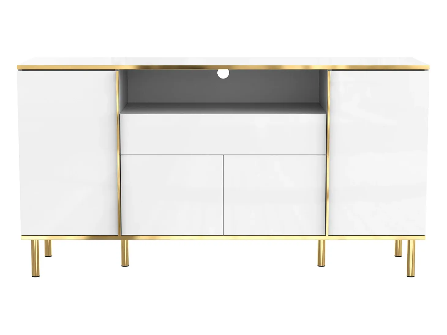 Aparador blanco, Aparador de alto brillo con 4 puertas y 1 cajón, iluminación LED, para salón y comedor
