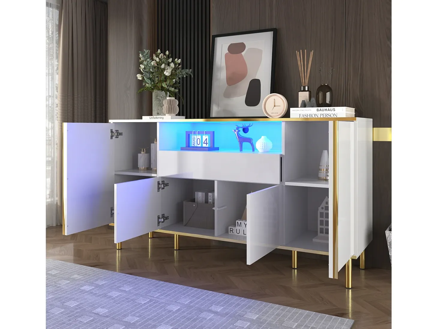 Aparador blanco, Aparador de alto brillo con 4 puertas y 1 cajón, iluminación LED, para salón y comedor