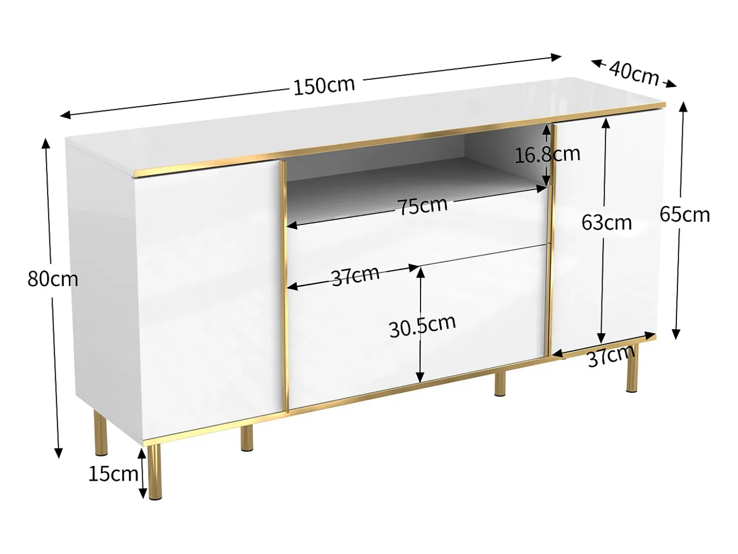 Aparador blanco, Aparador de alto brillo con 4 puertas y 1 cajón, iluminación LED, para salón y comedor