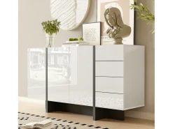Aparador blanco brillante con 2 puertas y 4 cajones, para salón o dormitorio, 150 x 40 x 80 cm