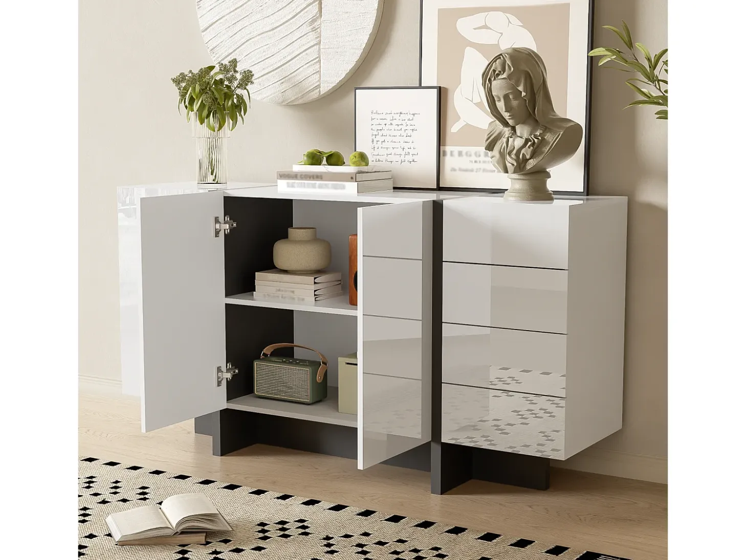 Aparador blanco brillante con 2 puertas y 4 cajones, para salón o dormitorio, 150 x 40 x 80 cm