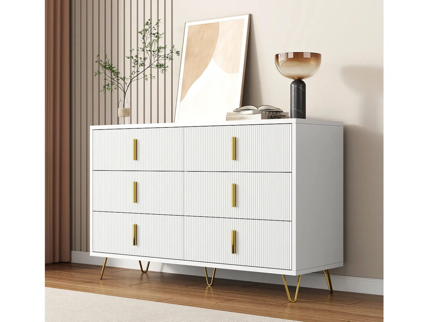 Aparador blanco con 6 cajones, cómoda esquinera moderna, ideal para dormitorio, sala de estar u oficina.