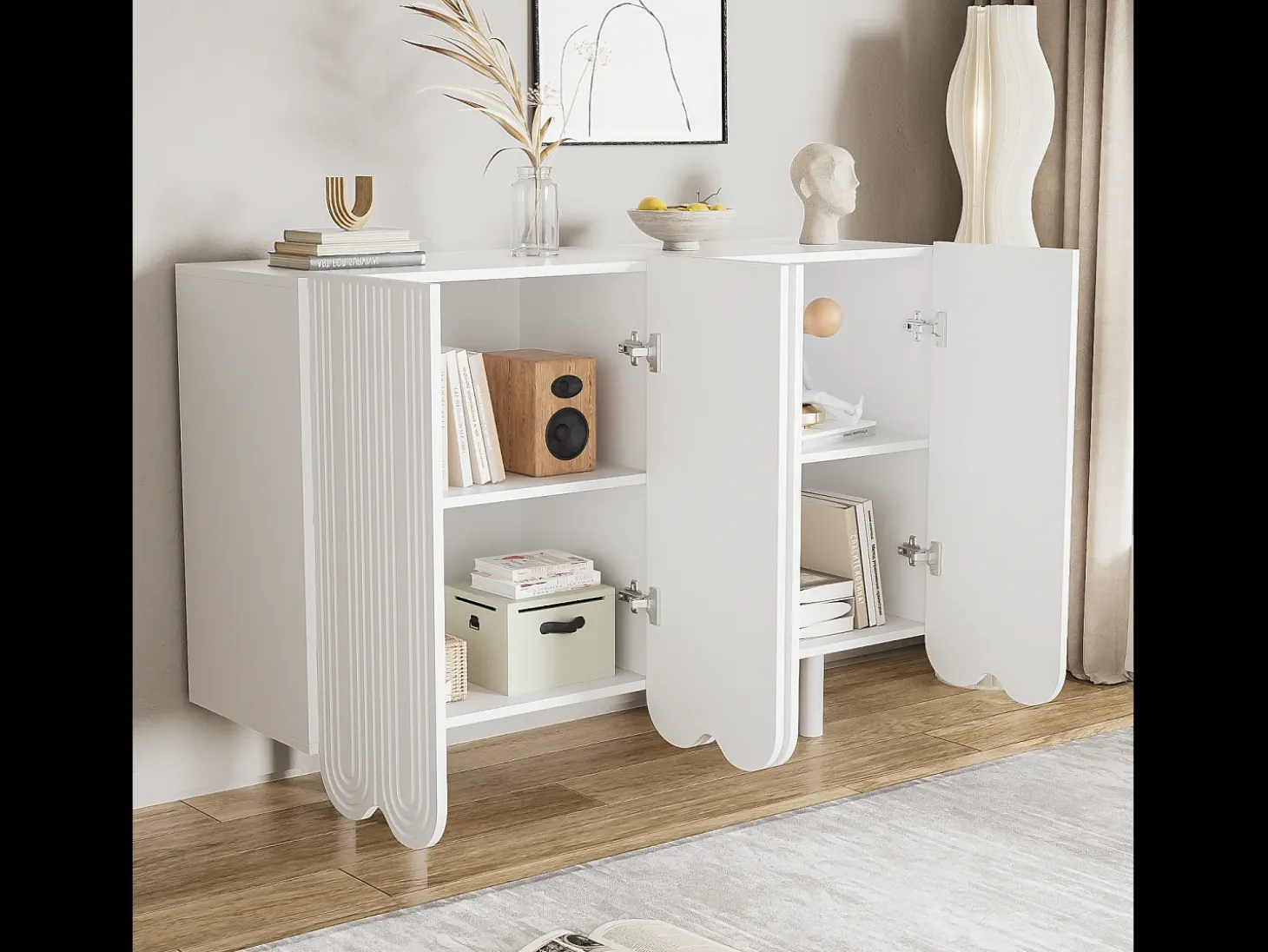 Aparador blanco con 4 puertas texturizadas y patas cilíndricas - para salón y comedor