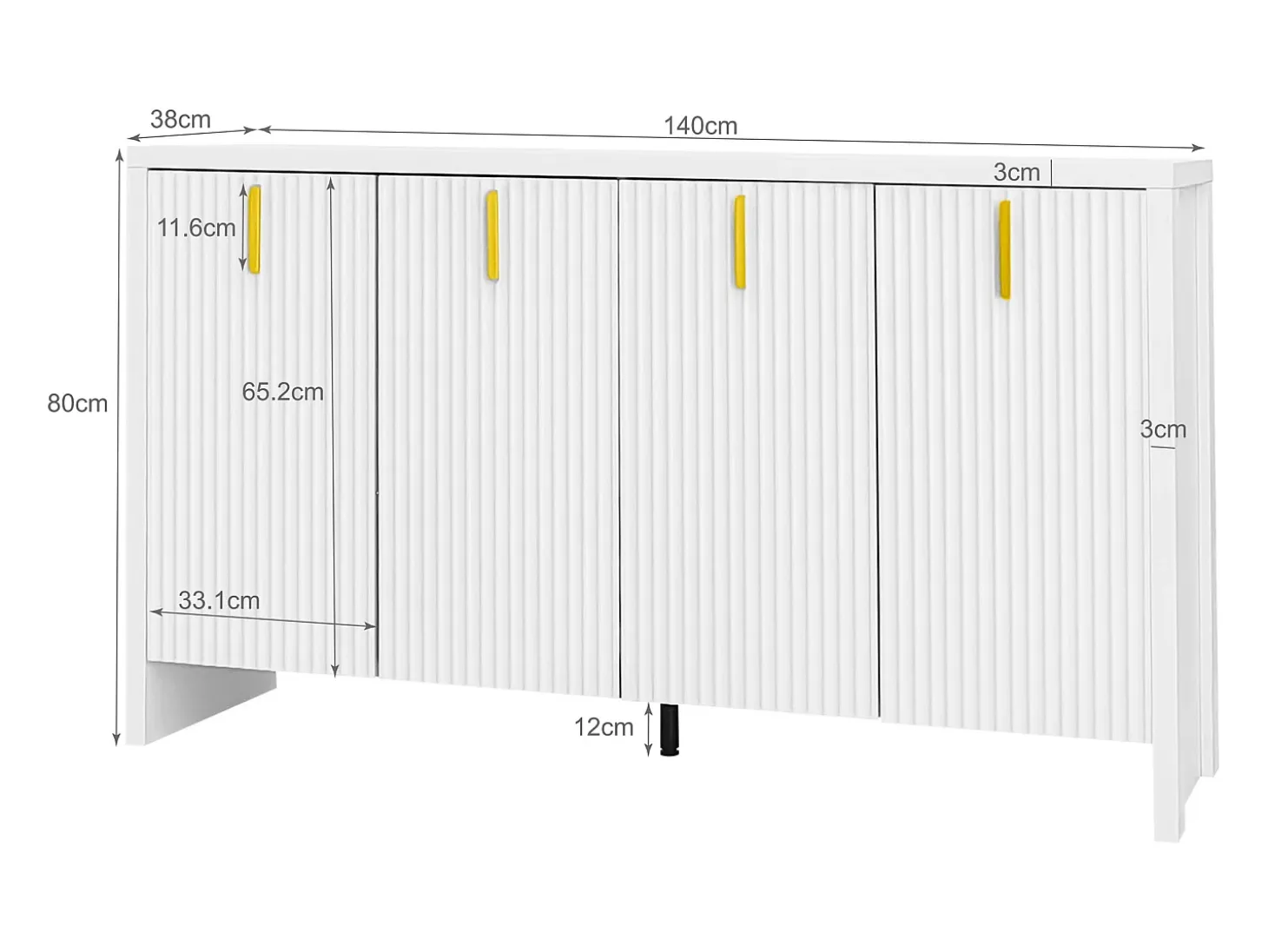 Aparador blanco con 4 puertas a rayas y separadores ajustables, tiradores dorados