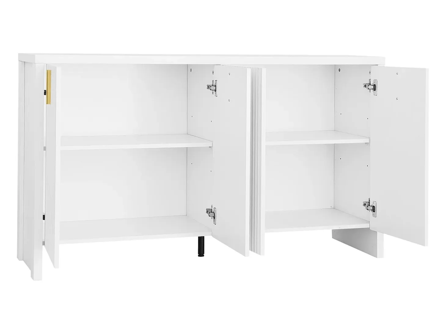 Aparador blanco con 4 puertas a rayas y separadores ajustables, tiradores dorados